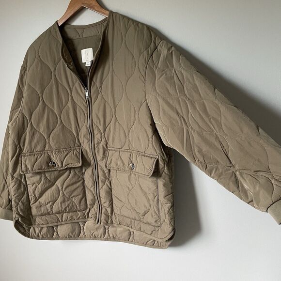 Joie Women's Quilted Jacket Coat Full Zip Olive Green Bomber Size Large - Picture 5 of 9